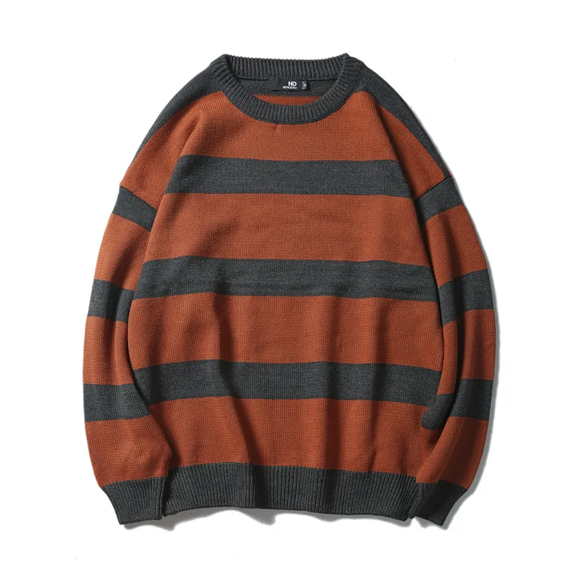 ICPANS мужской свитер с круглым вырезом пуловер s Harajuku полосатый японский стиль винтажный свободный свитер пуловер Красный