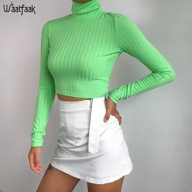 

Waatfaak Green Knitted Fashion Turtleneck T Shirt Women Casual Basic Bandage Backless Long Sleeve Tee Shirt Ladies Slim Autumn
