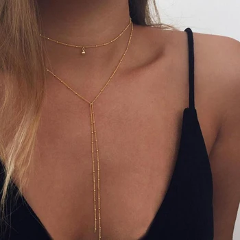 2019 Simple Gold Silver Color Chain Choker Necklace Long Beads Tassel Chocker Necklaces For Women collar collier ras du cou