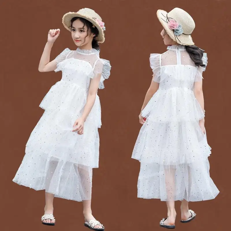 Одежда для детей Детское платье Новая летняя одежда для малышей с блестками и звездами Пышное газовое платье для девочек