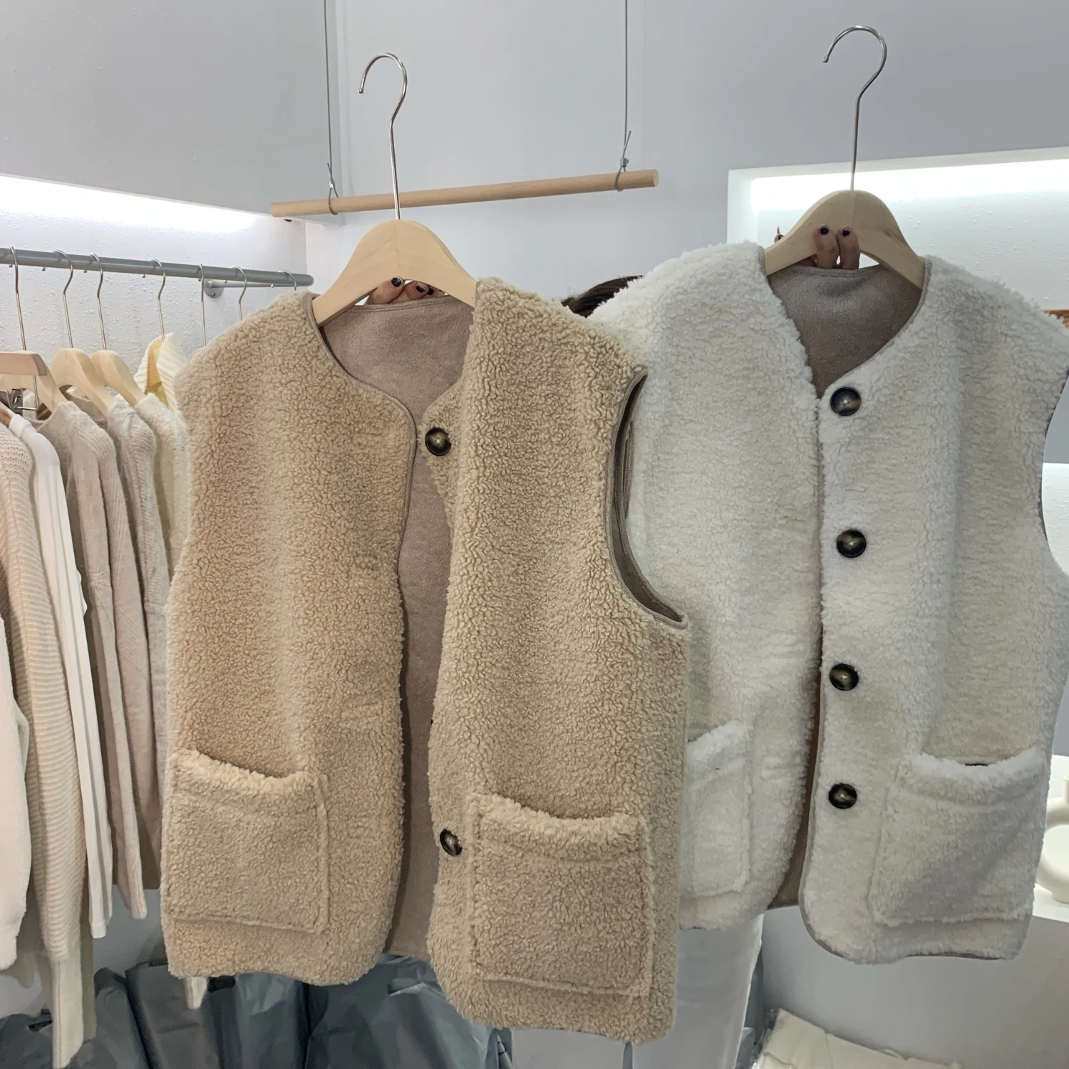 khaki TVVOVVIN, Двусторонняя одежда, одежда, сохраняющая тепло, женское уплотненное пальто, имитирующее свободный стиль, открытый стежок, жилет DG120 - Цвет: khaki
