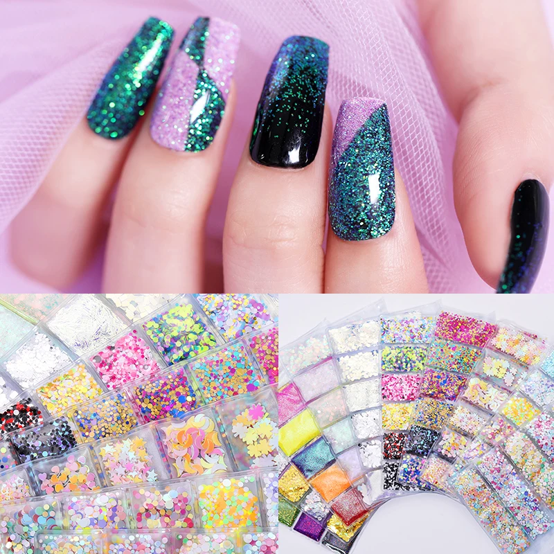 

6 Patterns/Bag Holographic Nail Glitter Sequins Nail Powder Colorful Flakes Mixed Size Nail Pigment Dust 3D Nail Art Decoration
