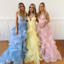 Vestido de fiesta, платья для выпускного вечера на заказ, новинка, глубокий v-образный вырез, юбка с оборками, тюль, 16, милые вечерние платья для девочек