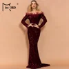 Sexy Off Shoulder Feather Long Sleeve Sequin Dress Floor Length Evening Party Maxi Reflective Dresses  6