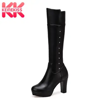 

KemeKiss Women Knee High Boots Fashion Crystal High Heels Long Boots Winter Keep Warm Fur Zipper Casual Shoes Women Size 33-43