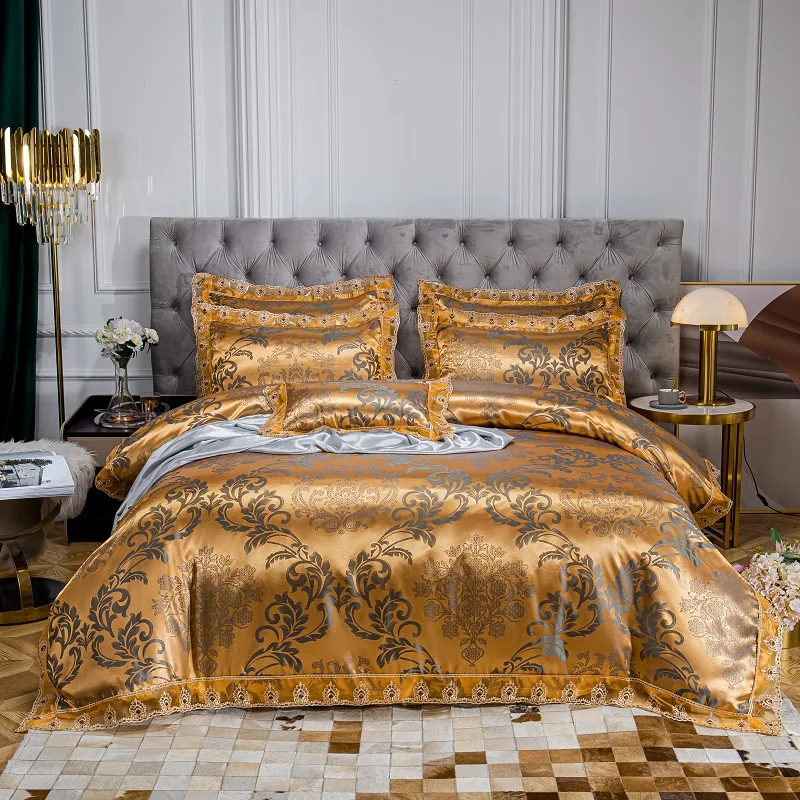 Luxury European Style 4Pcs Bedding Set Soft Smooth Gold Satin Jacquard And Lace Edge Duvet Cover