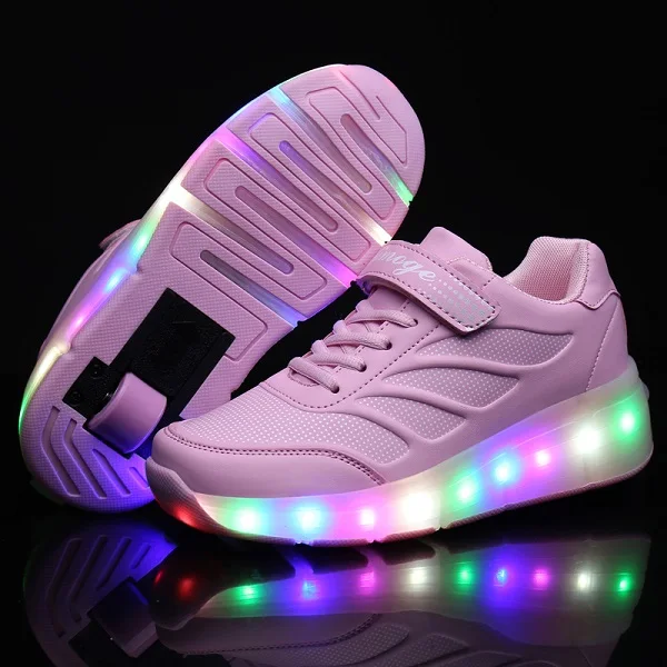 Детские светящиеся кроссовки для девочек с колесами; Светодиодный светильник; роликовые коньки; Спортивный светящийся светильник; обувь для детей; обувь для мальчиков; цвет розовый, синий, черный - Цвет: Розовый