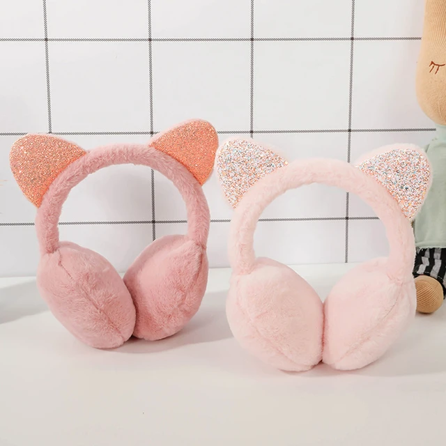 Fashion Cat Ear Plush Earmuffs Shiny Sequin Soft Earflaps Headband for Kids  Boys Girls Unisex Vintage