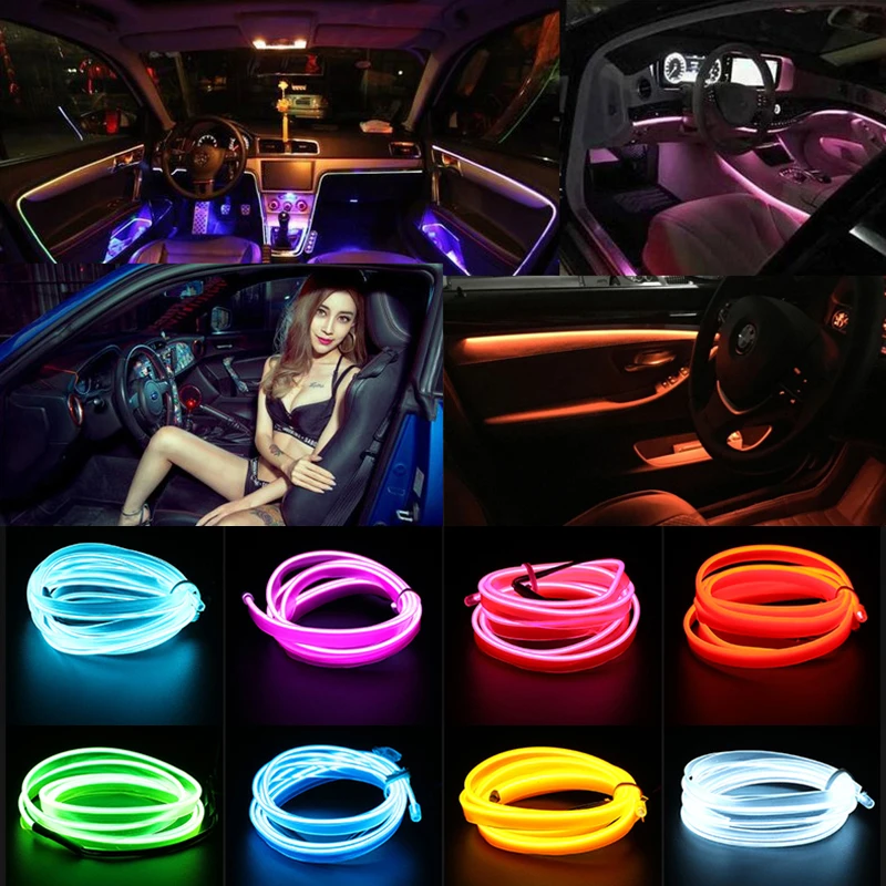 

Car Styling 3M Garland EL Wire Rope Tube Line flexible Neon Light Car Interior Lighting LED Strip Decoration USB Cigarette Driv