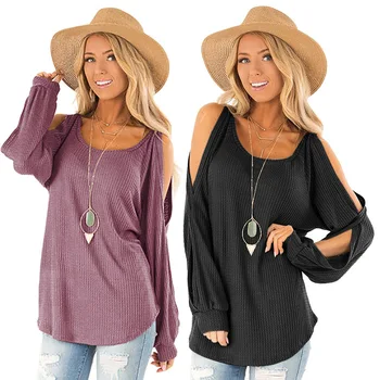

2019 Autumn New Women's Loose Round Neck Off-shoulder Lantern Sleeves Waffle Knitted Tee Shirts