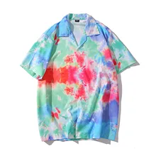 Nova moda masculina tie dye impresso camisas havaianas botão de manga curta camisa verão estilo praia blusa masculina tops químicos hommes
