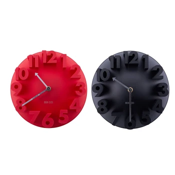 

2x Home Decor Creative Modern Art 3D Number e Round Wall Clocks, Red /Black 22.5 x 22.5 x 9cm