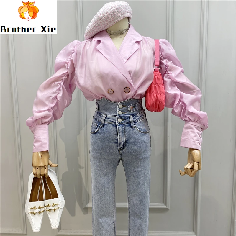 

long sleeve blouse women New Shirred Puff Sleeve Suit Collar Loose-Fit Double Breasted Elegant Casual Shirt Women's blouses tops