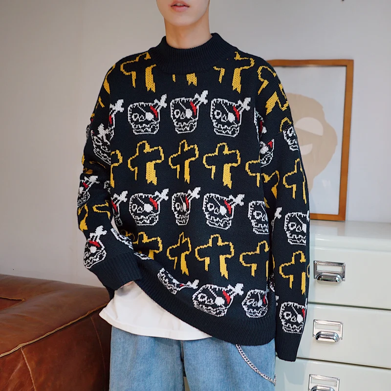 2019 Autumn new pullover trend fashion Cartoon sweater long sleeve mens Thick clothes Japan Style Hip Hop Black Blue 2019 Autumn new pullover trend fashion Cartoon sweater long sleeve mens Thick clothes Japan Style Hip Hop Black Blue