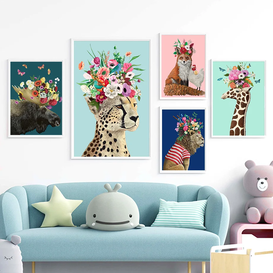 Colorful-Leopard-Giraffe-Lion-Fox-Flower-Crown-Wall-Art-Canvas-Painting-Nordic-Posters-And-Prints-Wall