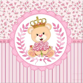

8x8FT Cute Teddy Bear Pink Party Floral Flowers Gold Crown Frame Custom Photo Studio Background Backdrop Vinyl 10x10 10x12