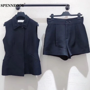 

SPENNEOOY Designer Custom Runway Female Fashion Summer Suit Women Sleeveless Coat And Black Shorts Office Lady Two Piece Set