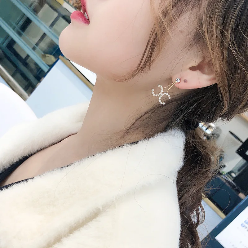 

2019 Fashion Double C Silver Needle Crystal Earrings Summer Hypoallergenic High Quality Women Charm Jewelry