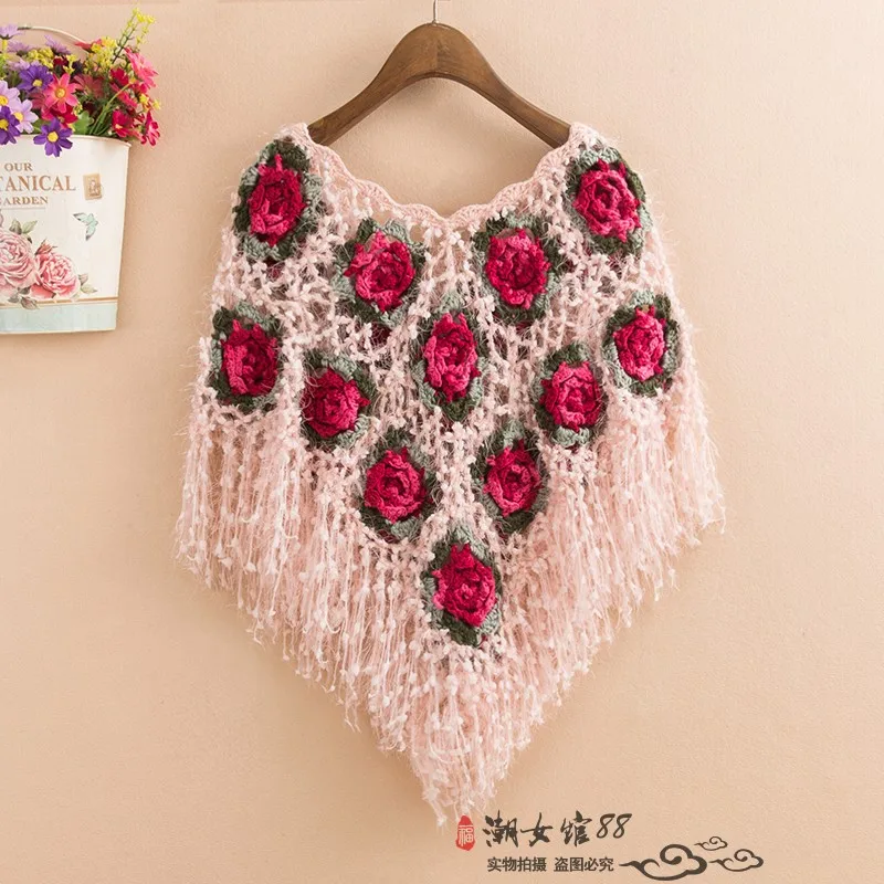 Короткий женский свитер с кисточками, пуловеры, Женский Вязаный плащ с цветами