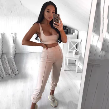 

2 Two Piece Set Women Ribbed Strapless Crop Top Long Pants Set Sexy Autumn Knitted Sleeveless Tracksuit Women Conjunto Feminino