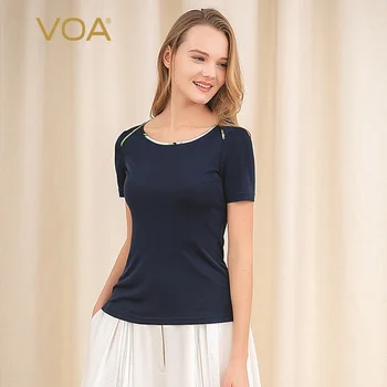 

VOA NAVY SILK double elastic round neck color contrast trim soft and breathable simple fit commuter T-shirt B9069