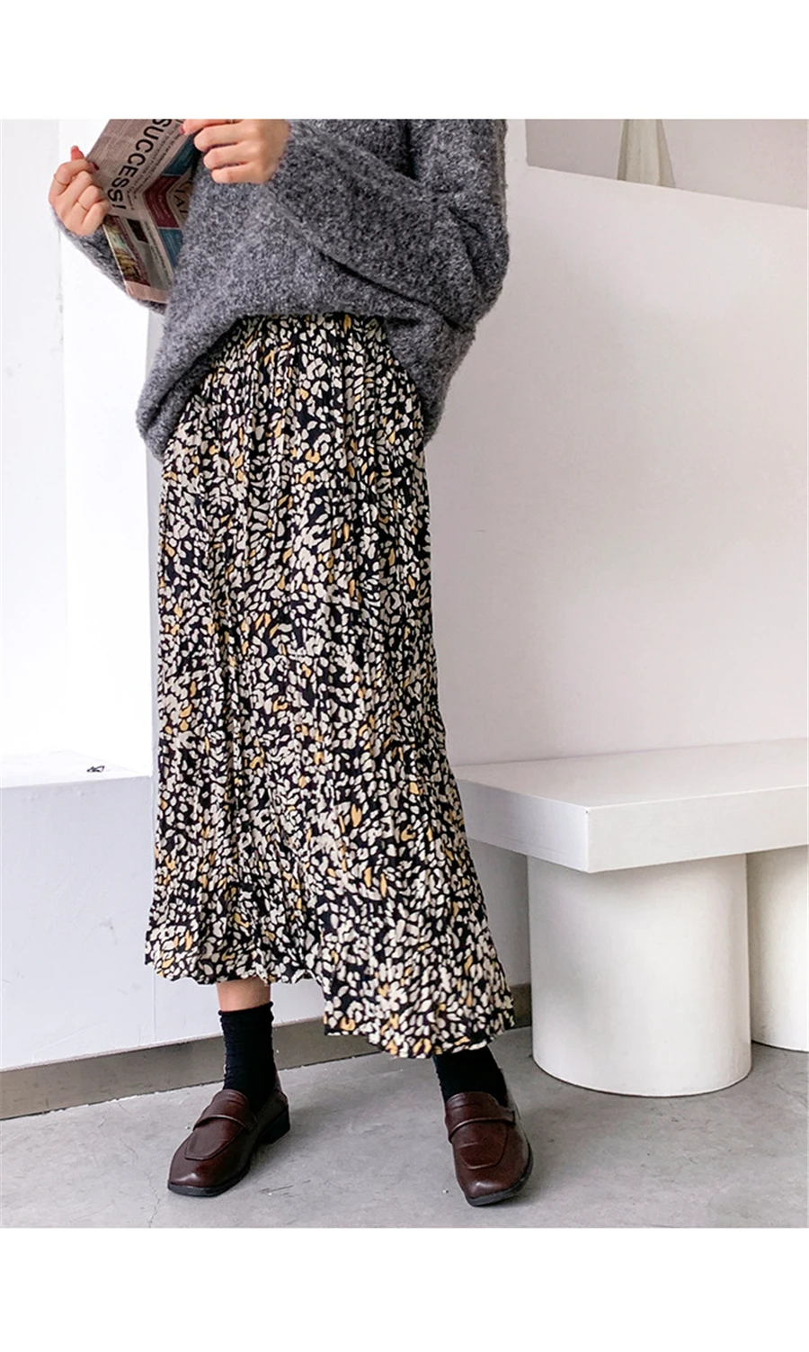 Elegant All-match Floral Print Midi Skirt Women Chiffon Skirt Autumn Winter Women Sexy Elastic High Waist Long Skirt Female
