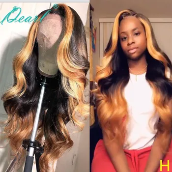 

Deep Side Part Lace Front Human Hair Wigs Ombre Blonde Highlights Color 13x6 Wavy Remy Hair Wig for Women 130% 150% Qearl