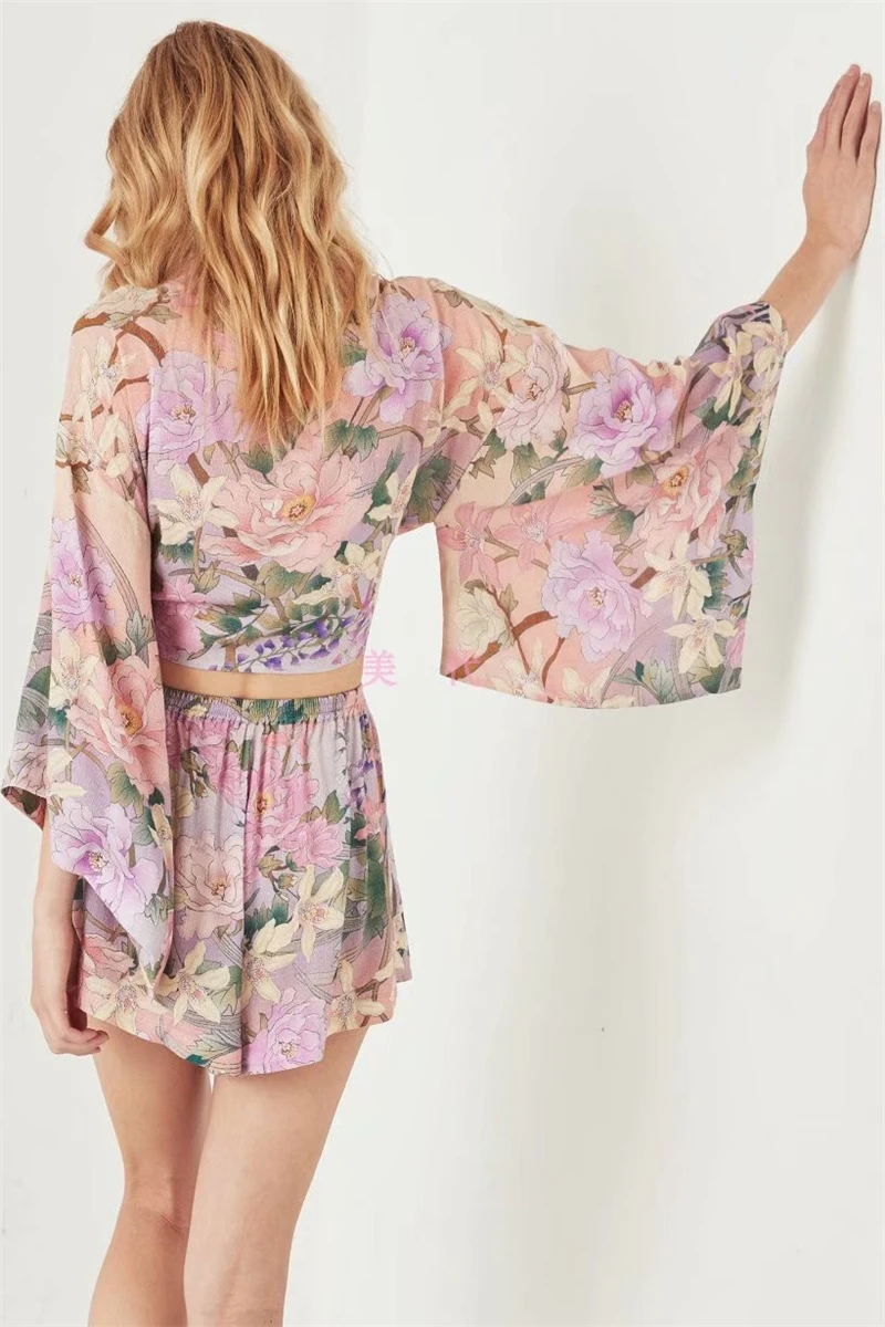 Boho Queens каштановых женские рисунком подъемного крана комплекты одежды с поясом в