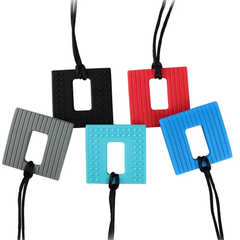 Silicone Teething Pendant Chewelry 1 Square Textured Chew Necklace For Baby Autism ADHD Special Needs Sensory Therapy Toys teething toys,teething beads,teething toy tethers,baby silicone accessories