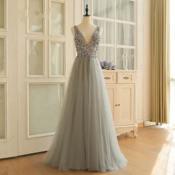 

Gorgeous Silver Prom Dresses Beaded Sequins A-line Tulle Prom Dress Gowns Long 2020 Vestido de Festa Real Photo Women Party Gown