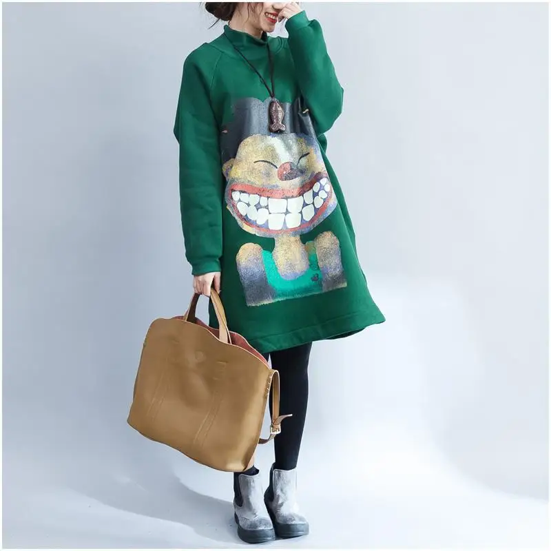 Большие размеры с мультяшным принтом, Женская Корейская Длинная толстовка, осенне-зимние толстовки, повседневные свободные 4XL Kpop пуловер с бархатом - Цвет: Green Sweatshirt
