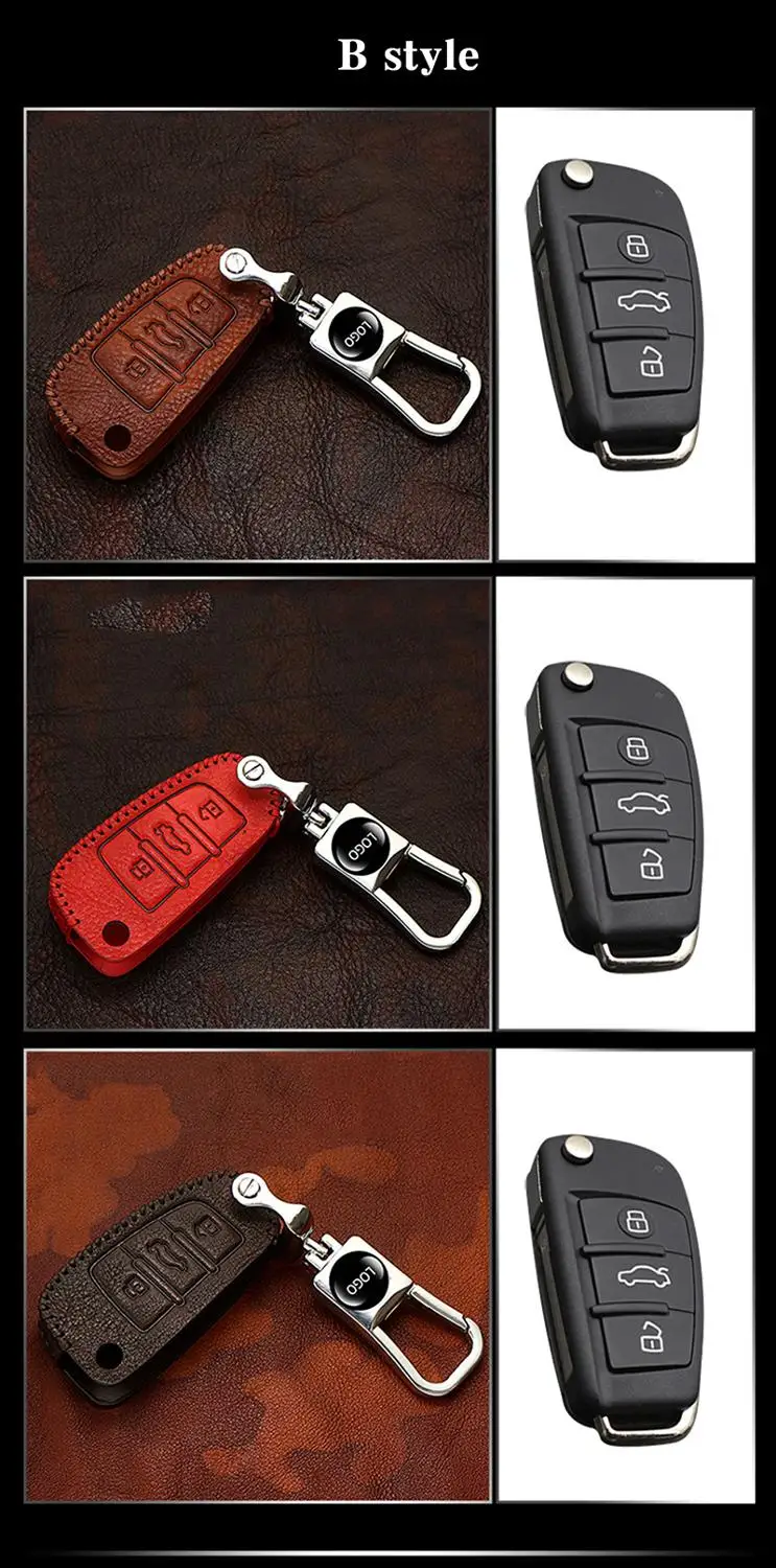 Верхний слой кожаный автомобильный чехол для ключей для Audi A4L A6L Q5 A8 A5/A7 S5/S7 Интеллектуальный 3 кнопки удаленный Бесключевой - Название цвета: B style