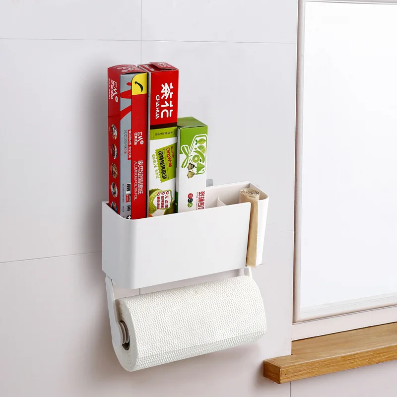 

New Punching free Freezer Storage Box Paper Holder Rack for Kitchen Magnetic Refrigerator Mounting Shelf Wall Plastic Wrap Stand