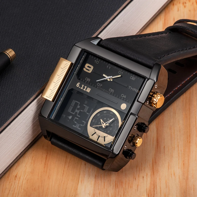 

611 Brand TOP Luxury New Men's Watch relogio masculino Square Leather Strap Three Movement Multifunction Trend Quartz Watch Men