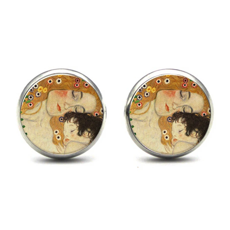 Серьги на День Матери Густава Климта поцелуй серьги-гвоздики художественные ювелирные изделия серьги стеклянные кабошон серьги подарок на день рождения ручной работы