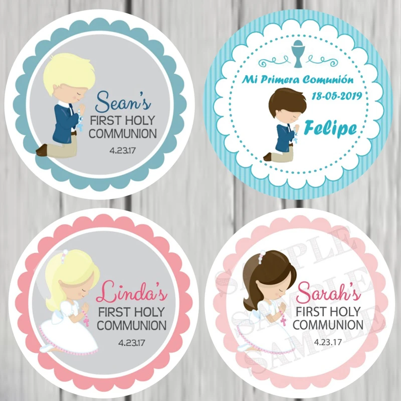100 PCS, 3-7CM, Custom Personalized, Boy, Girl First Communion Stickers,  First Holy Communion Favor Labels, Baptism