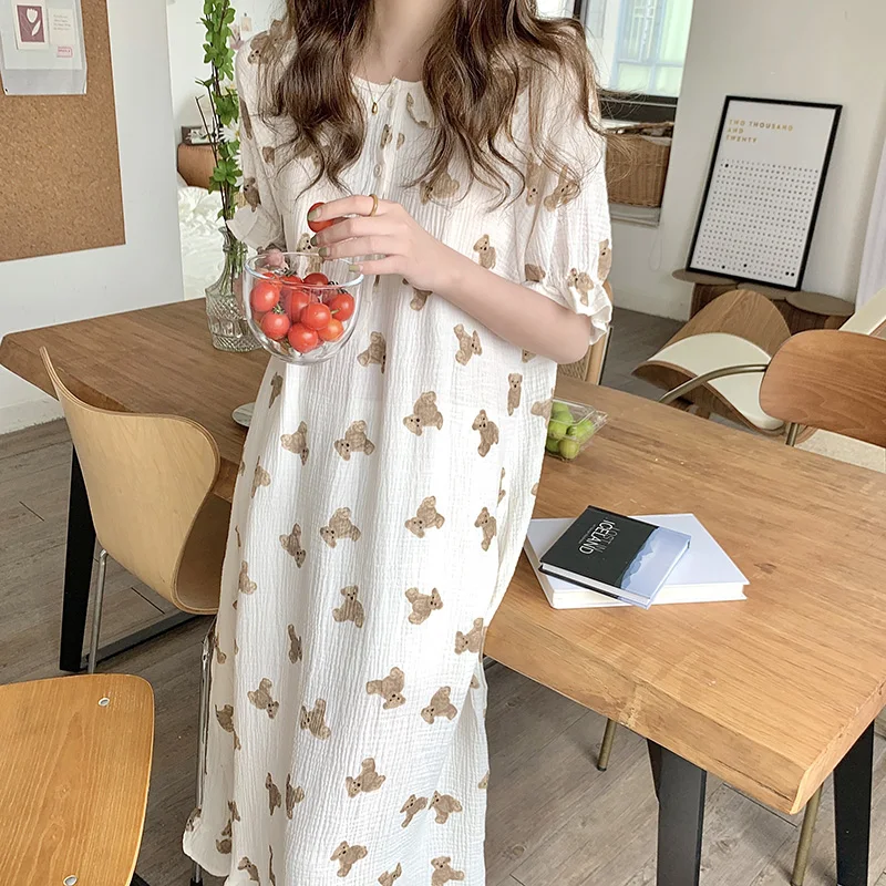Bear Cartoon Print Summer Nightgown Korean Soft Cotton Long Sleepwear Short Sleeve Ruffles Nightdress Buttons Kawaii Homewear