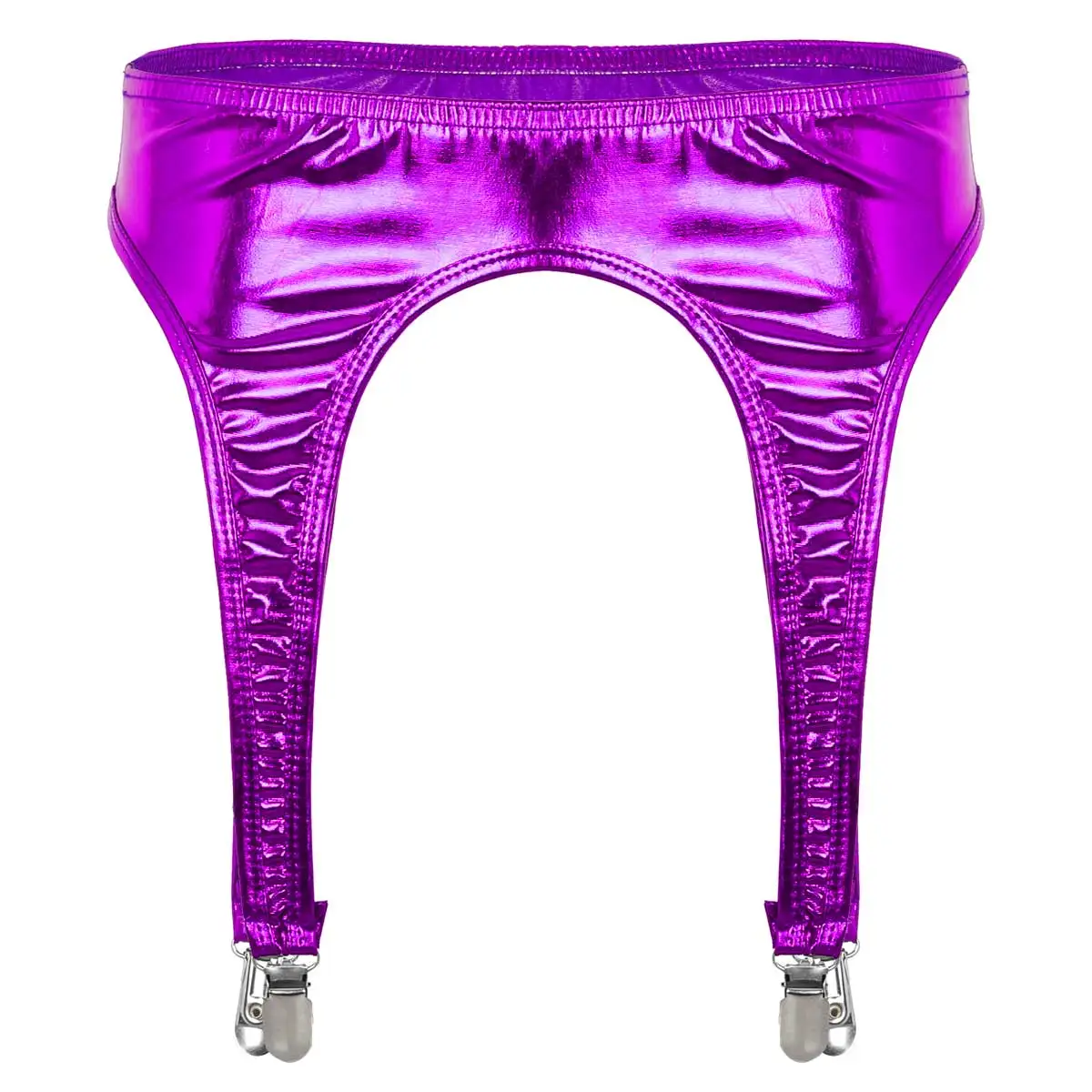 Women's Shiny Metallic Garter Belt Metal Duck-Mouth Clips Suspender for Thigh High Stockings Sexy Pole Dance Clubwear Accessory