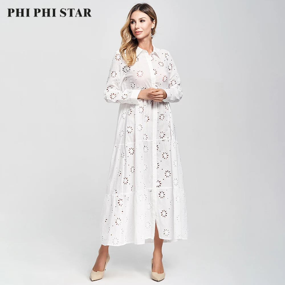 Элегантное Хлопковое платье Phi Star с длинным рукавом женское повседневное белое