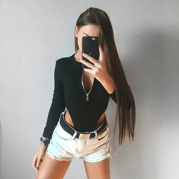 

Sexy Women Ladies Bodysuit 2019 Long Sleeve Zipper Leotard Romper Black Jumpsuit Tops