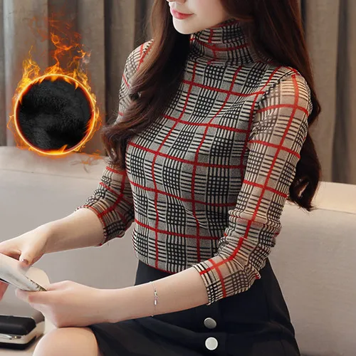 

2019 Winter New Popular High Collar Large Size Designs Female Blouse Simple Temperament Slim Thickening Bottoming Shirts Women