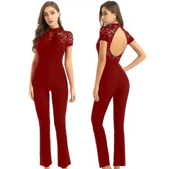 

Women Girl Figure Skating Costume Lace Short Sleeves Ice Skating Gymnastics Leotard Jumpsuit Performance Competition Dancewear