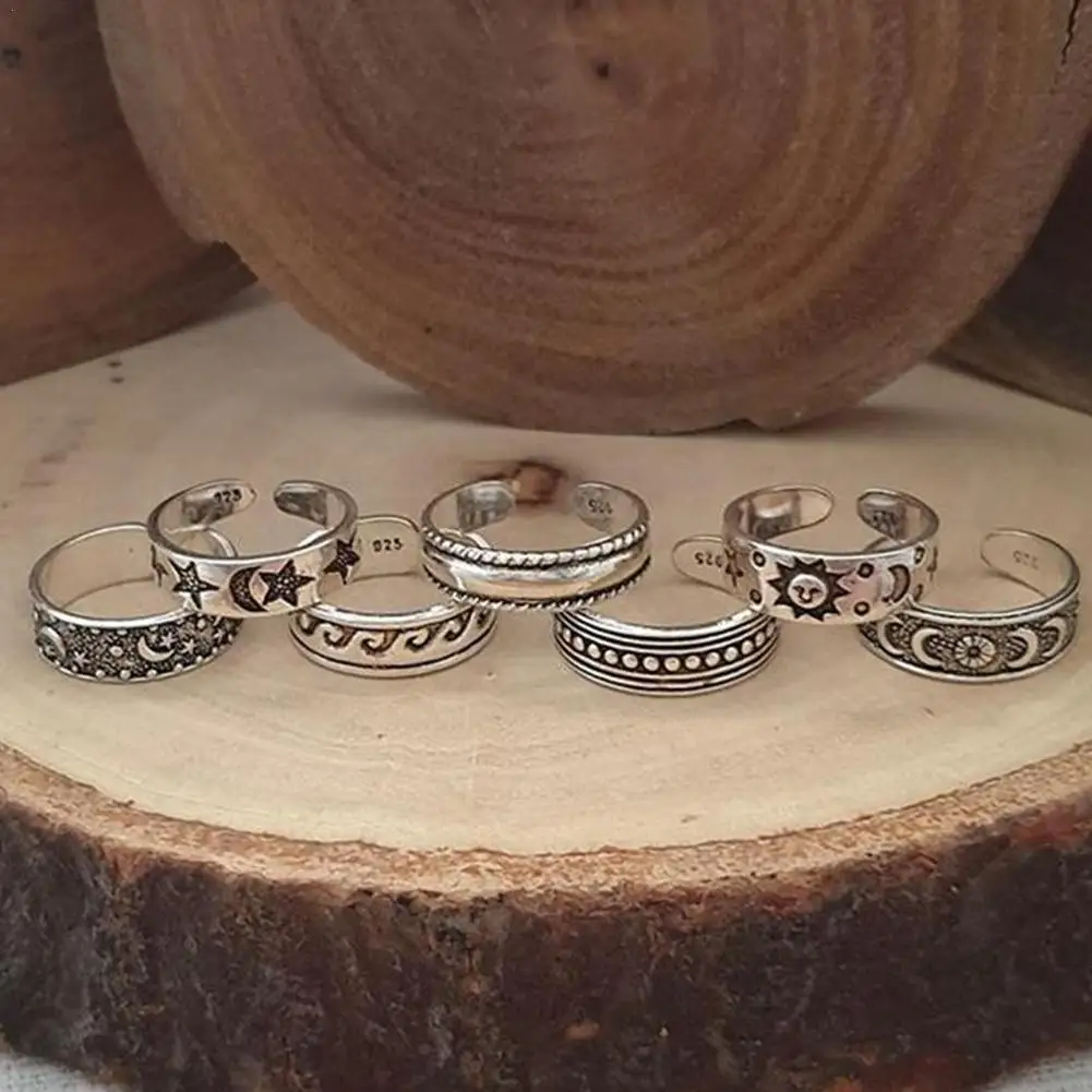 Ring Set Retro Alloy Foot Rings Women's Fashion Carved Hollow Opening 7pcs/set