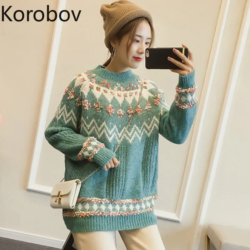 Korobov корейский цветок вышивка Лоскутные женские свитера шикарные осенние женские пуловеры с длинным рукавом Элегантный дизайн Sueter 79075