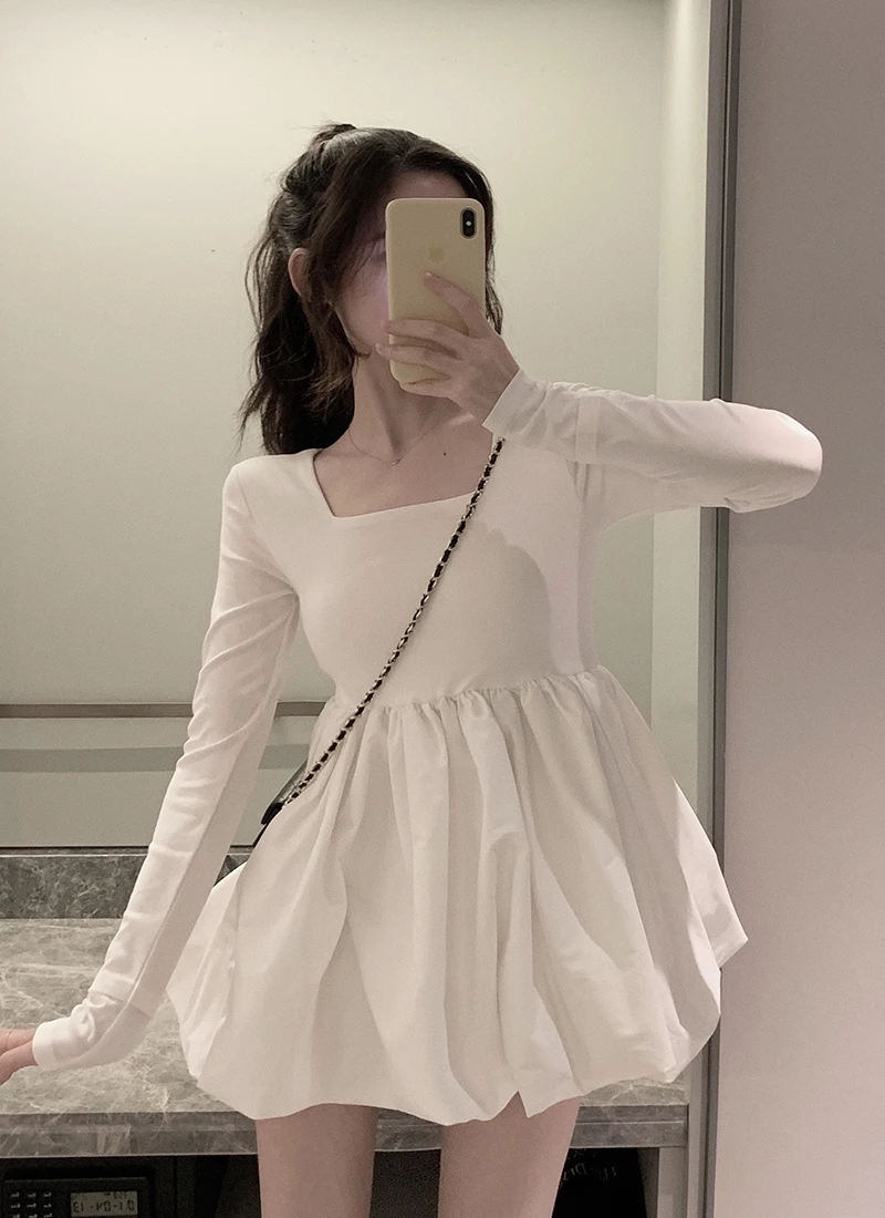 Винтажное платье-пачка Kawaii, женское весеннее мини-платье с квадратным воротником белого и черного цвета, японские элегантные плиссированные вечерние платья Vestidos