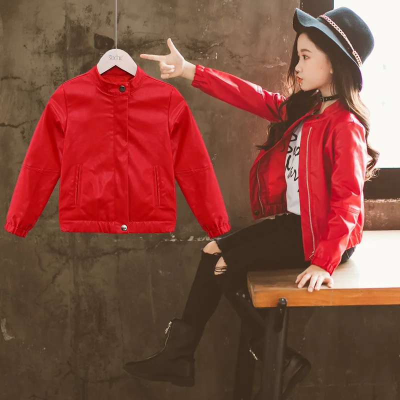 

2018 Spring And Autumn Childrenswear New Style Girls Simple Two-Button Leather Jacket Middle And Large Children Long Sleeve PU C