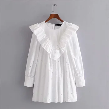 

Spring 2020 Women's New Round Neck Long Sleeve Lined Back Split Short Dress Laminated Decorative Hollow Embroidered Mini Dress