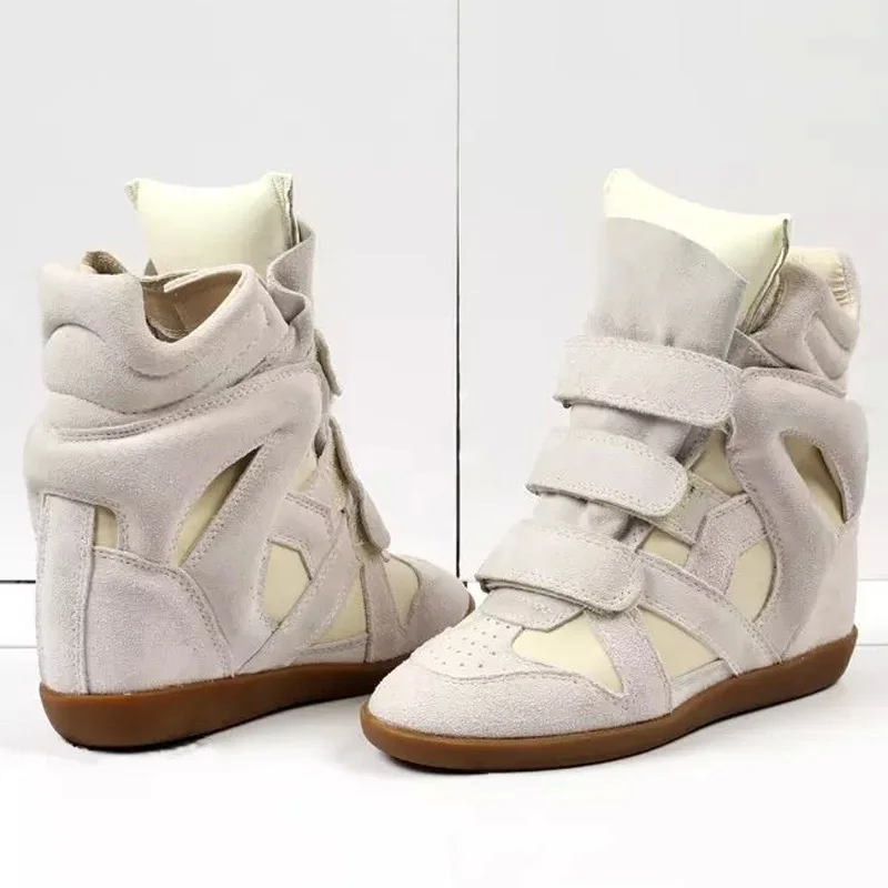 

Beige Suede Booties Women Ankle Boots Black Autumn Height Increasing Brand Hook & Loop Design Patchwork Shoes