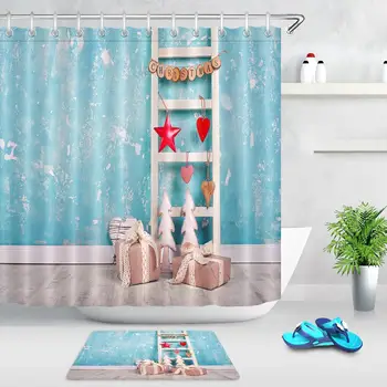 

Christmas Decoration Gifts and Hearts on Ladder Shower Curtain Bathroom Home Decor Waterproof Fabric With 12 Hook & Bath Doormat
