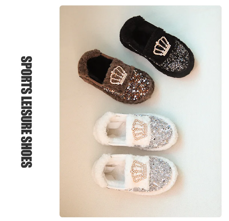 Winter girls doug shoes kids loafers children Princess shoes baby flat kids cotton fur shoes fashion glitter bow lacing